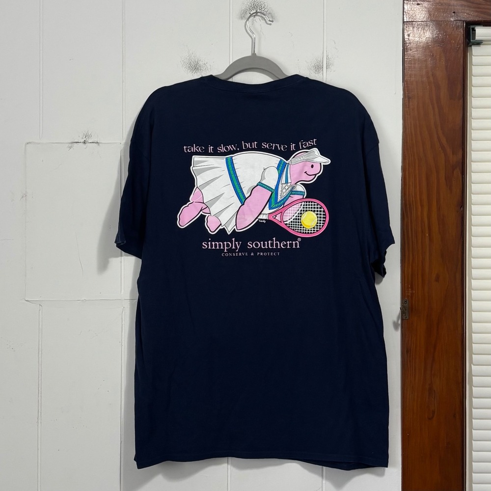 Simply Southern Womens XL Navy Blue Tennis‎ Turtle Graphic T-Shirt Short Sleeve